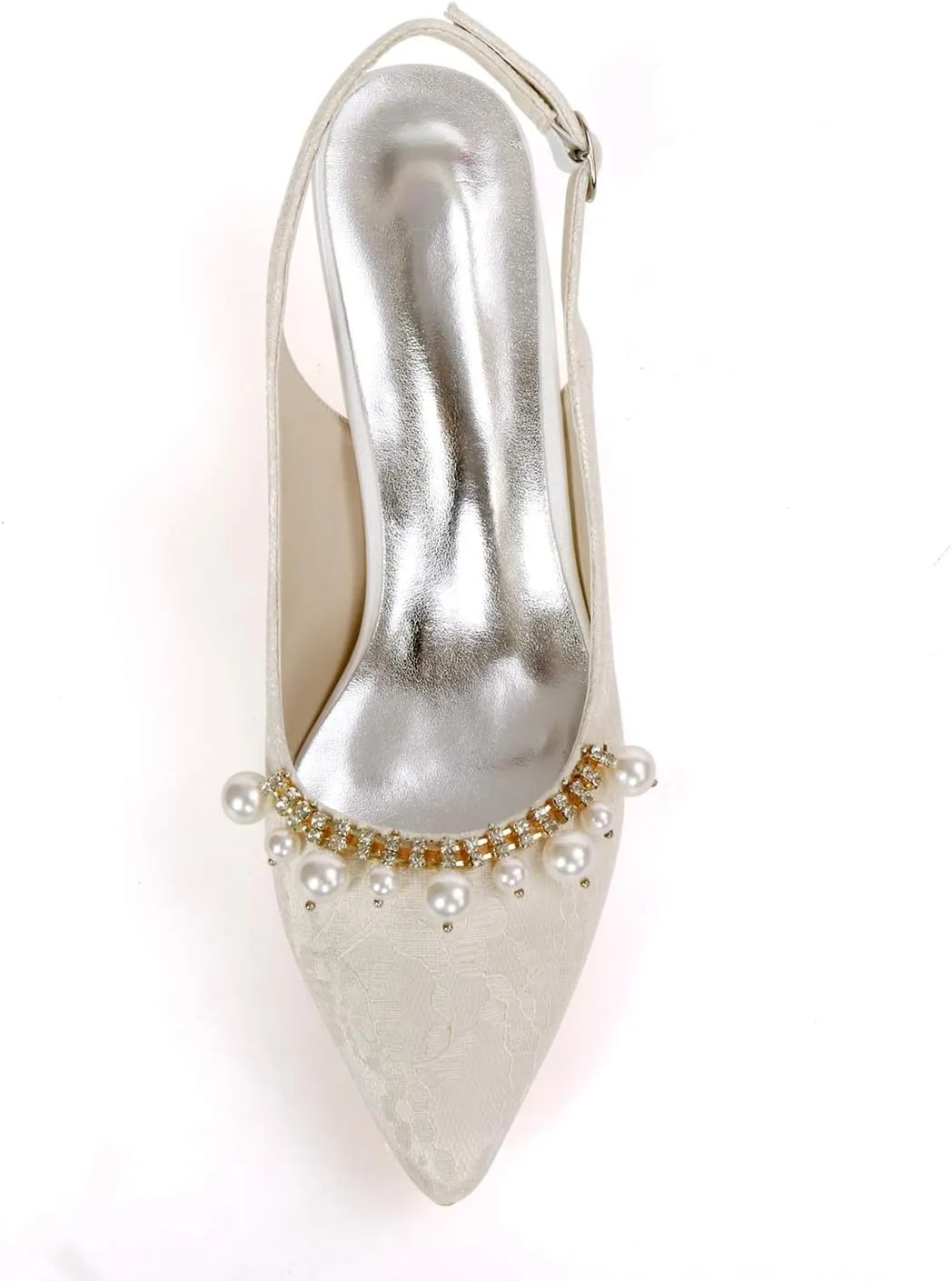 Women's Lace Wedding Shoes for Bride Low Heel Pointed Toe Bridal Shoes with Pearl Slingback Evening Party Pumps Sandals