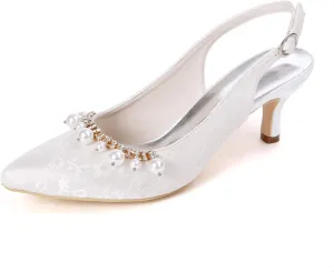 Women's Lace Wedding Shoes for Bride Low Heel Pointed Toe Bridal Shoes with Pearl Slingback Evening Party Pumps Sandals
