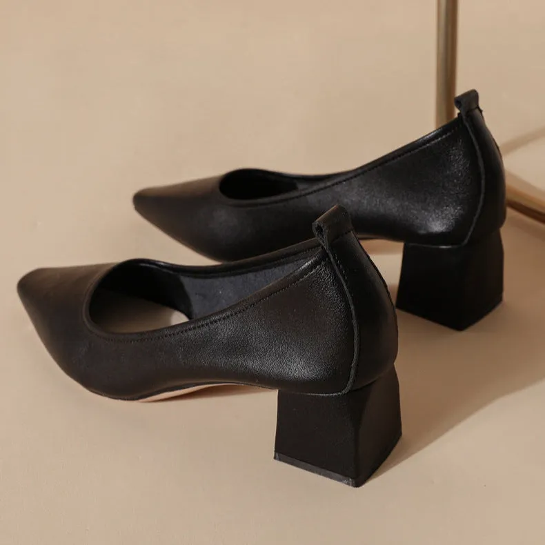 Women's Leather Pointed Toe Minimalist Mid Heel Pump