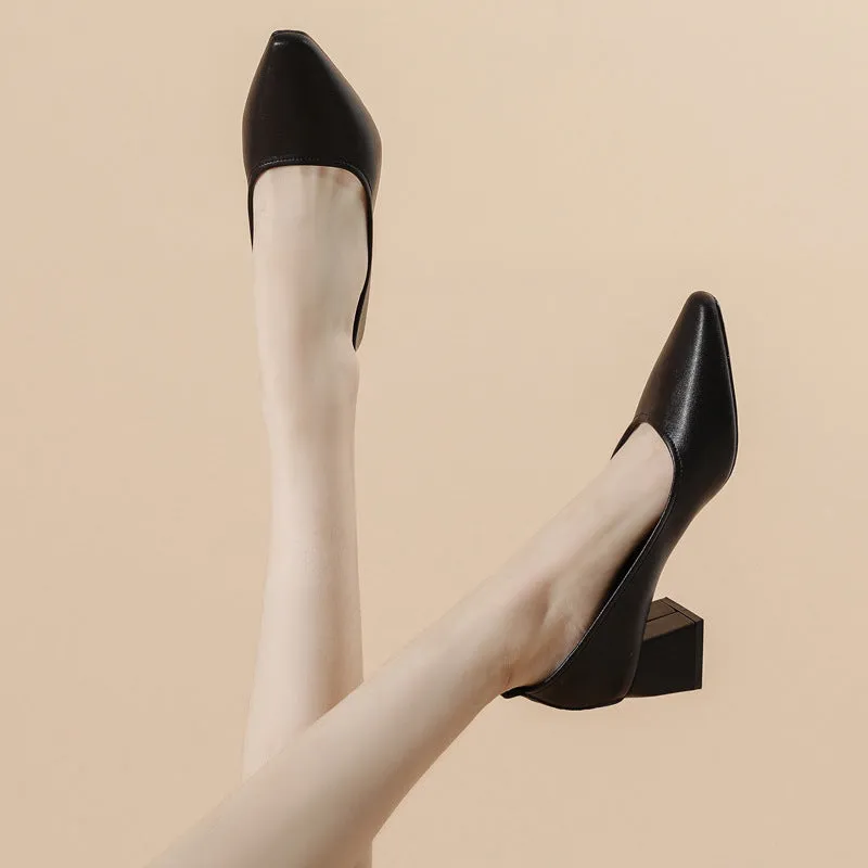 Women's Leather Pointed Toe Minimalist Mid Heel Pump