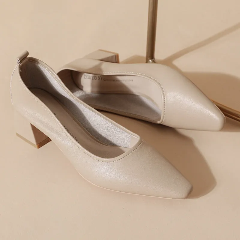 Women's Leather Pointed Toe Minimalist Mid Heel Pump