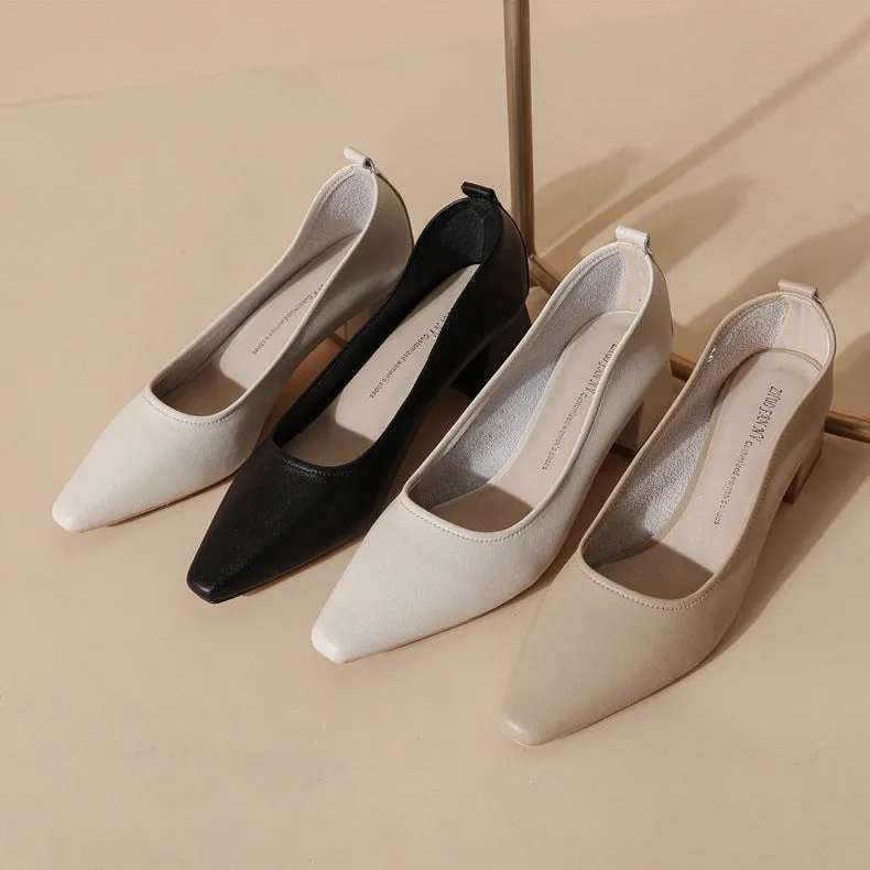 Women's Leather Pointed Toe Minimalist Mid Heel Pump