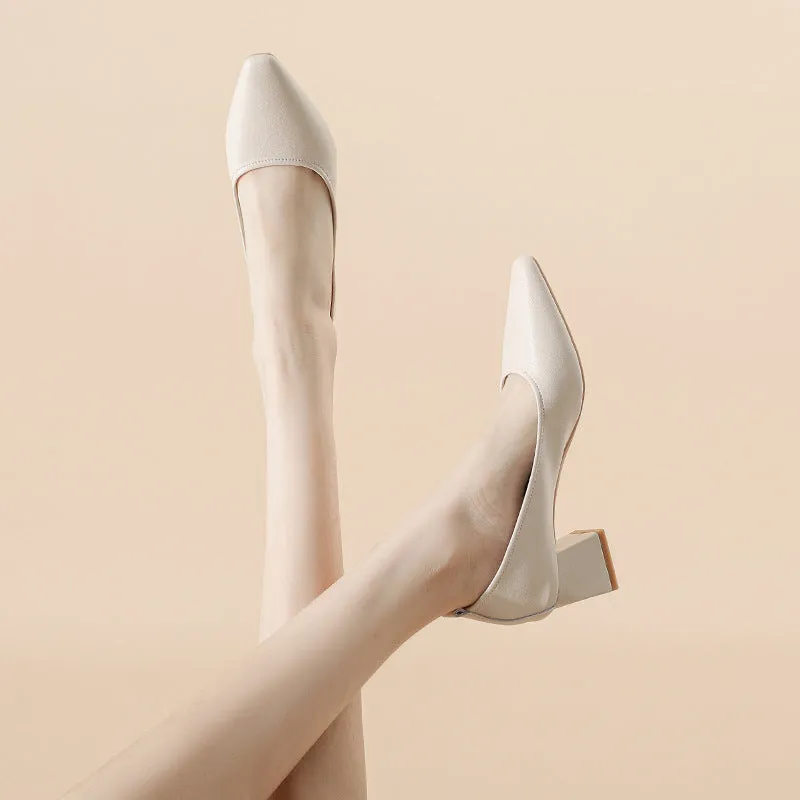 Women's Leather Pointed Toe Minimalist Mid Heel Pump
