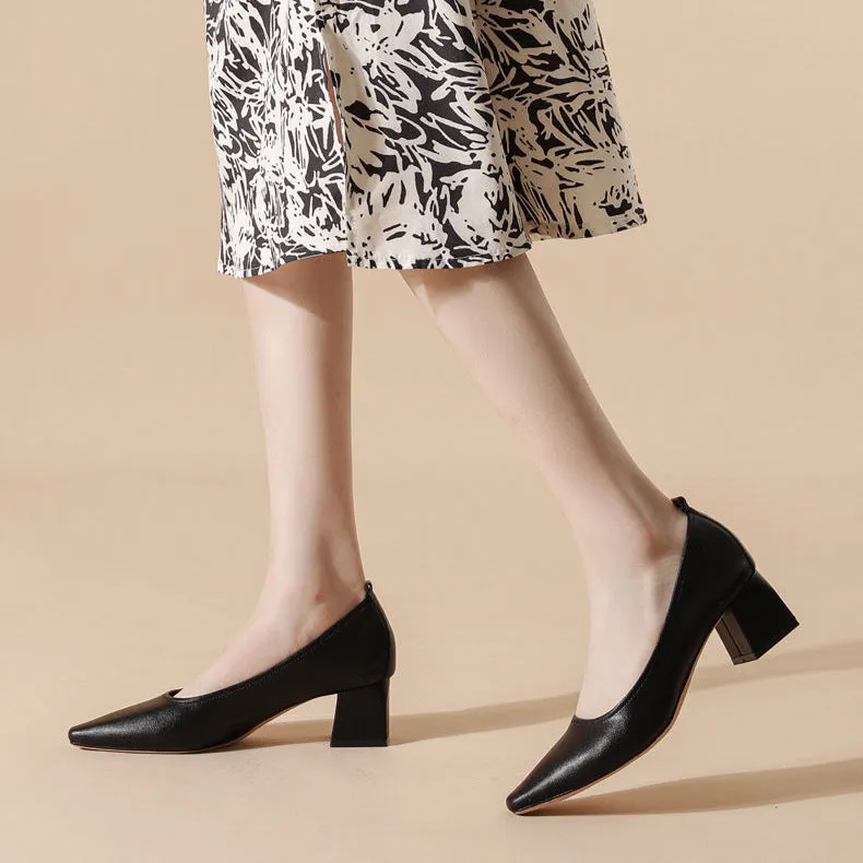 Women's Leather Pointed Toe Minimalist Mid Heel Pump
