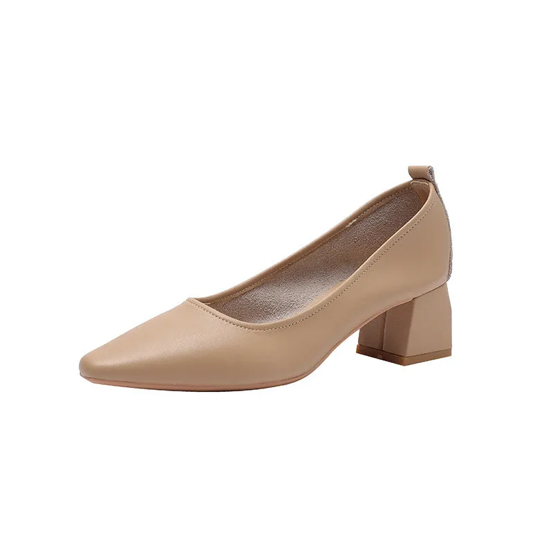 Women's Leather Pointed Toe Minimalist Mid Heel Pump