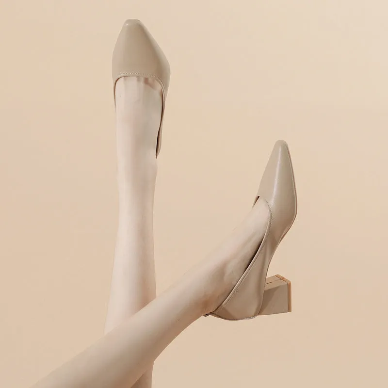 Women's Leather Pointed Toe Minimalist Mid Heel Pump