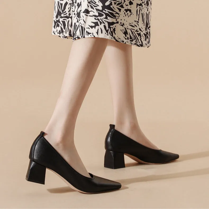 Women's Leather Pointed Toe Minimalist Mid Heel Pump