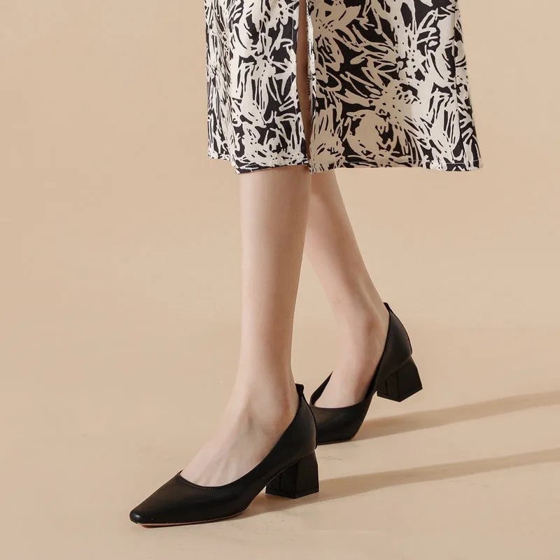 Women's Leather Pointed Toe Minimalist Mid Heel Pump