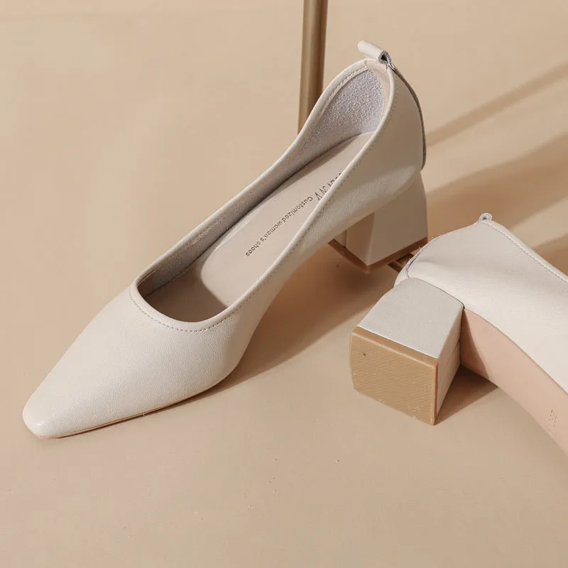 Women's Leather Pointed Toe Minimalist Mid Heel Pump