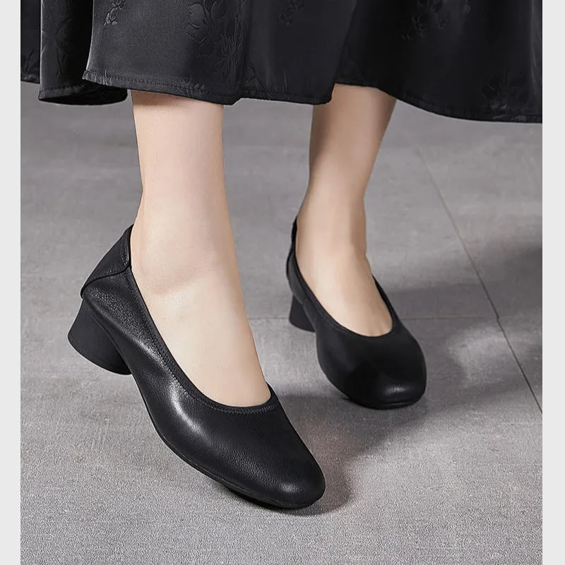 Women's Leather Round Toe Mid Heel Comfortable Soft Leather Glove Pump