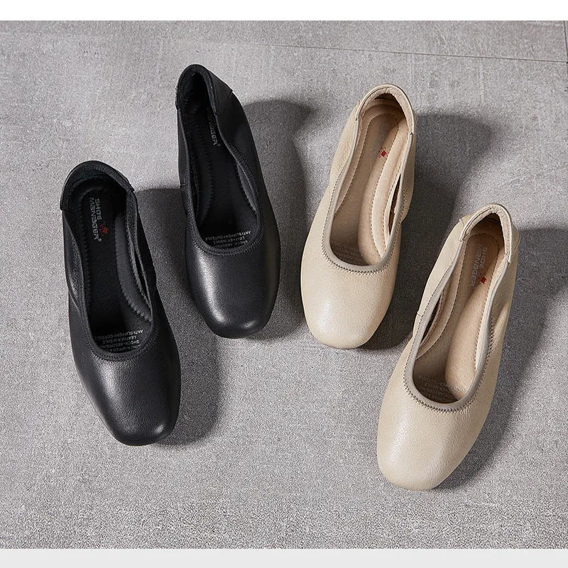 Women's Leather Round Toe Mid Heel Comfortable Soft Leather Glove Pump