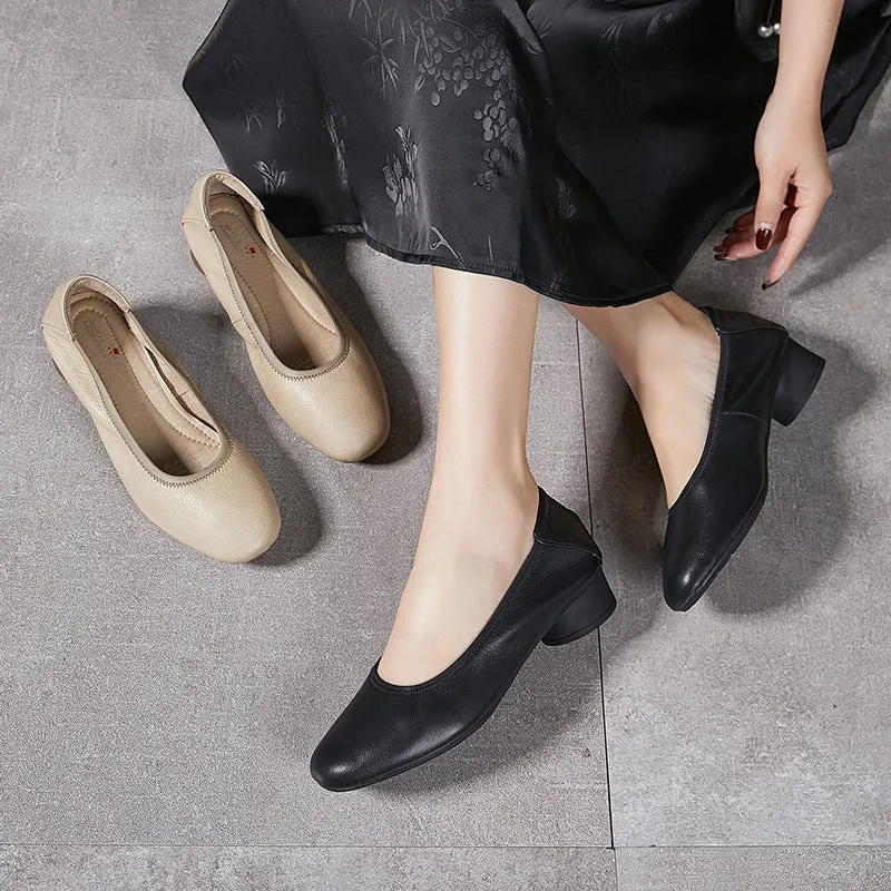 Women's Leather Round Toe Mid Heel Comfortable Soft Leather Glove Pump