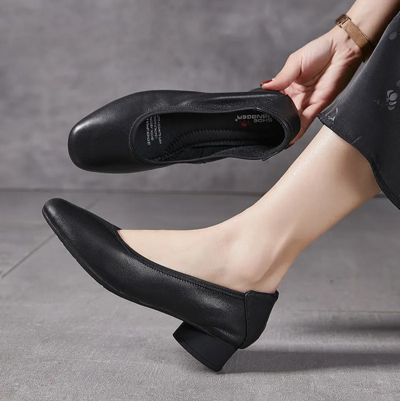 Women's Leather Round Toe Mid Heel Comfortable Soft Leather Glove Pump