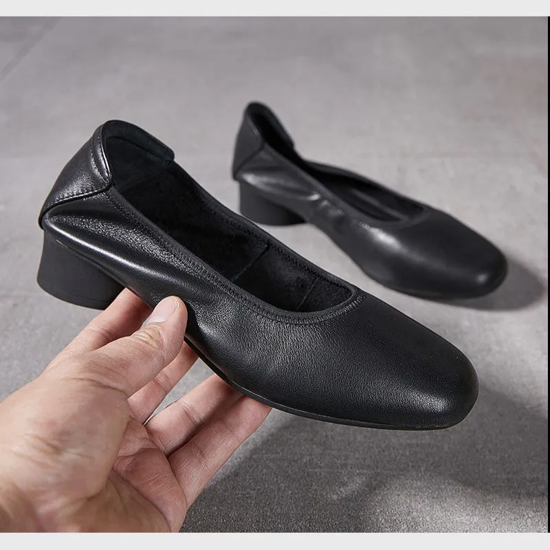 Women's Leather Round Toe Mid Heel Comfortable Soft Leather Glove Pump