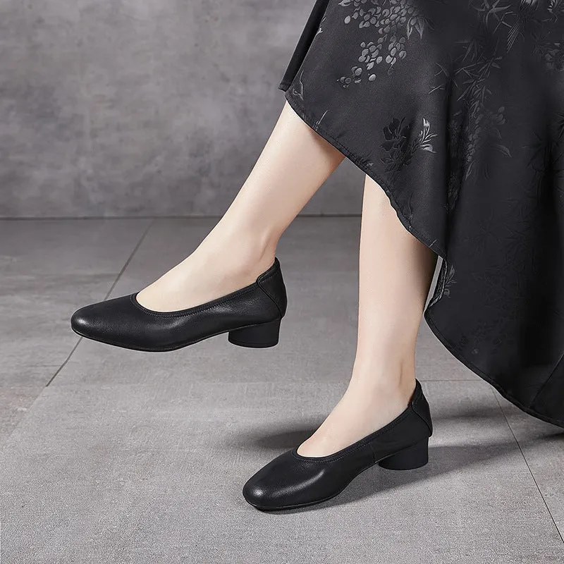 Women's Leather Round Toe Mid Heel Comfortable Soft Leather Glove Pump