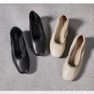 Women's Leather Round Toe Mid Heel Comfortable Soft Leather Glove Pump