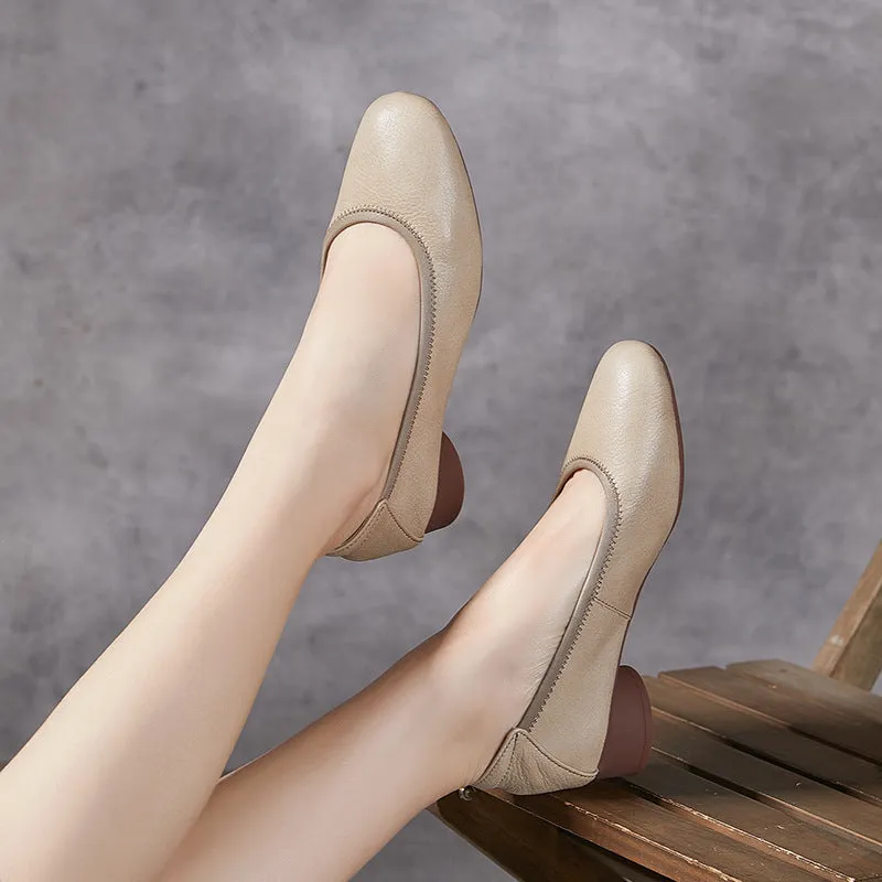 Women's Leather Round Toe Mid Heel Comfortable Soft Leather Glove Pump