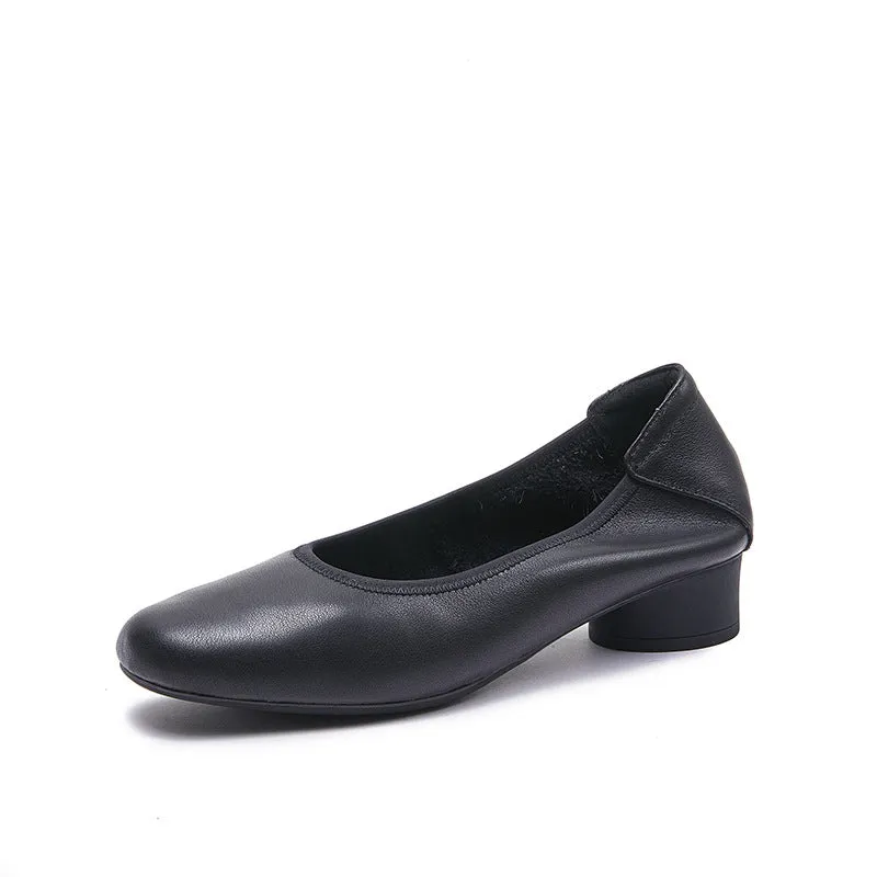 Women's Leather Round Toe Mid Heel Comfortable Soft Leather Glove Pump