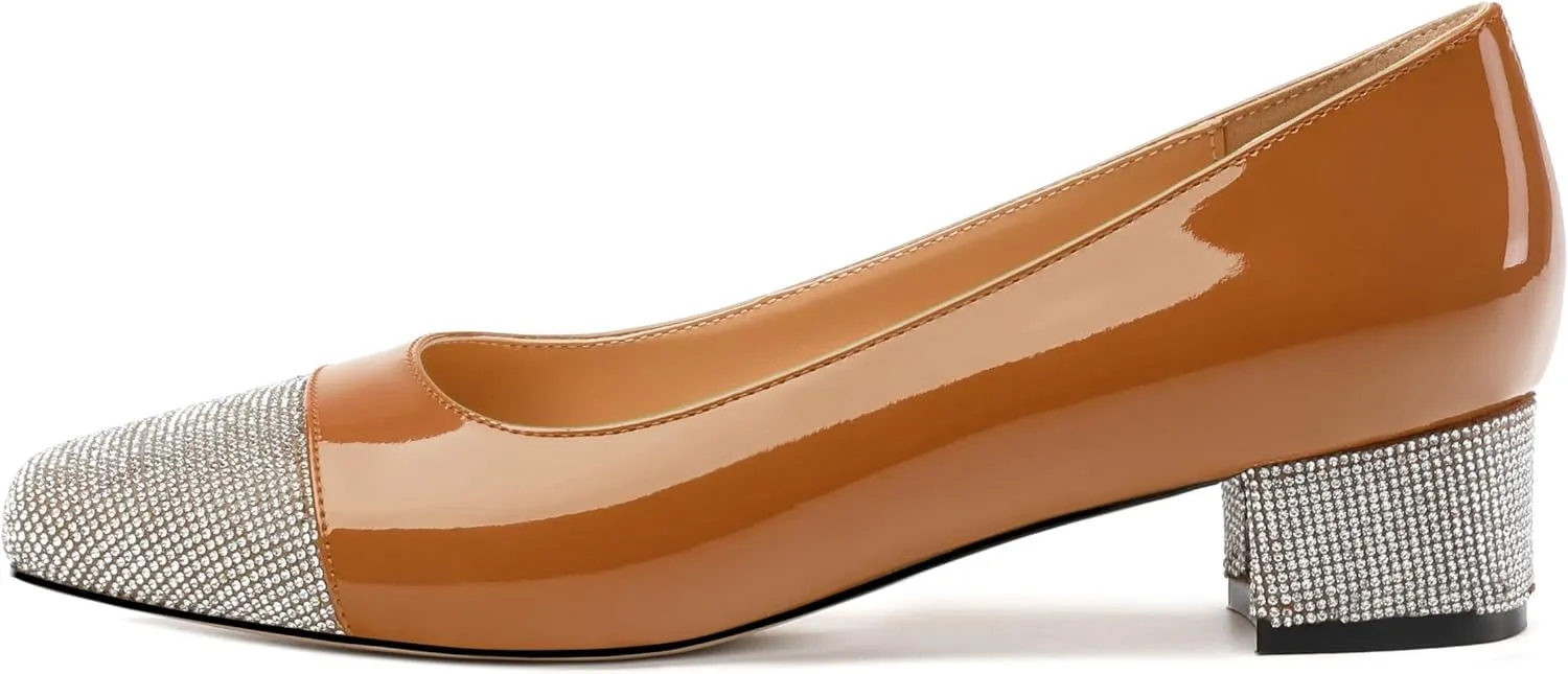 Womens Low Block Heel Pumps, Sqaure Toe Chunky Heel Pumps for Women, Color Blocking Office Daily Shoes