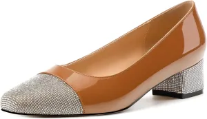 Womens Low Block Heel Pumps, Sqaure Toe Chunky Heel Pumps for Women, Color Blocking Office Daily Shoes