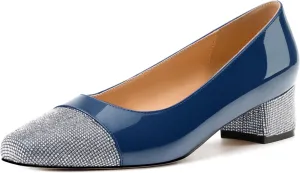 Womens Low Block Heel Pumps, Sqaure Toe Chunky Heel Pumps for Women, Color Blocking Office Daily Shoes