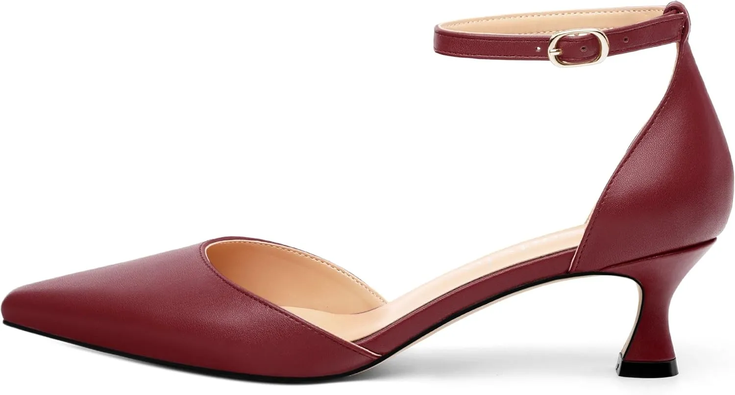 Women's Low Kitten Heel Closed Pointed Toe Pumps Matte Ankle Strap Buckle Wedding Party Dress Shoes for Women 2 Inches