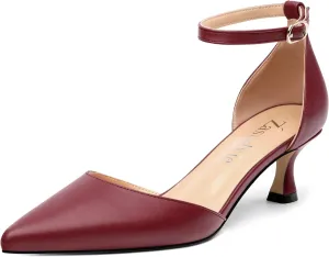 Women's Low Kitten Heel Closed Pointed Toe Pumps Matte Ankle Strap Buckle Wedding Party Dress Shoes for Women 2 Inches