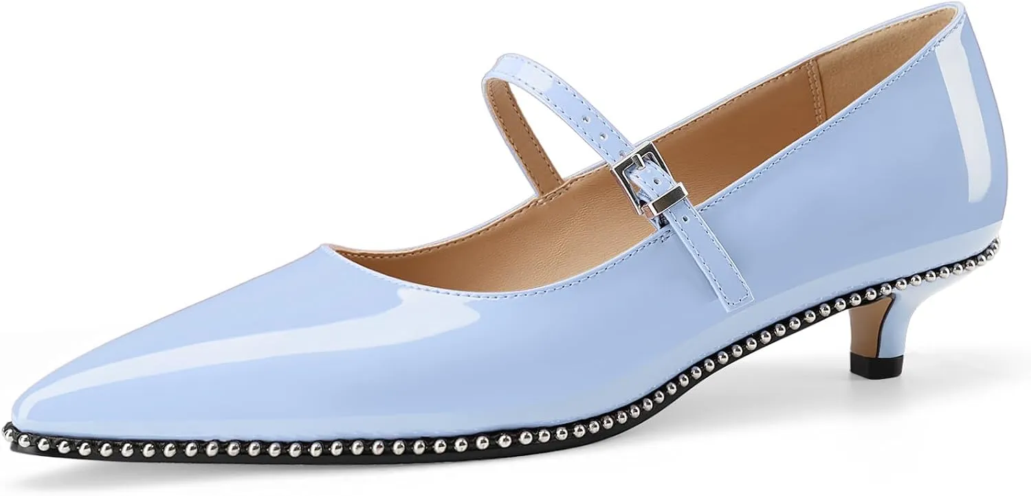 Women's Low Kitten Heels Patent Leather Beaded Pumps Pointed Toe Dressy Mary Jane Heels with Strap Metal Buckle for Ladies Sexy