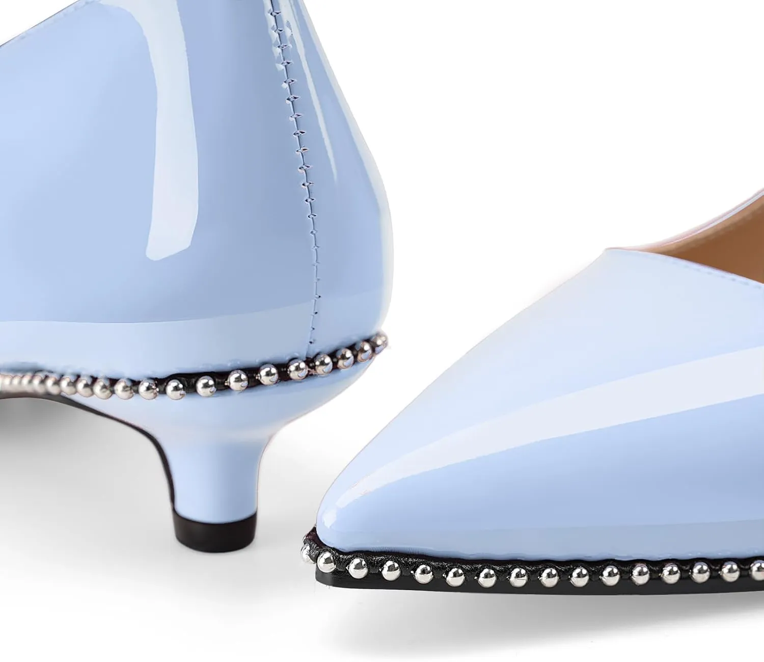 Women's Low Kitten Heels Patent Leather Beaded Pumps Pointed Toe Dressy Mary Jane Heels with Strap Metal Buckle for Ladies Sexy