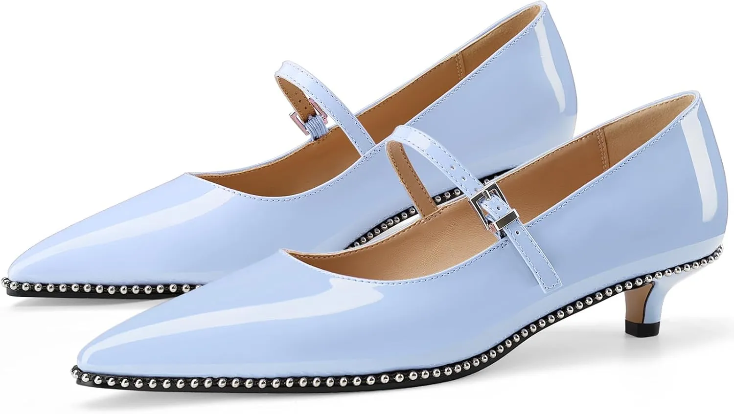 Women's Low Kitten Heels Patent Leather Beaded Pumps Pointed Toe Dressy Mary Jane Heels with Strap Metal Buckle for Ladies Sexy