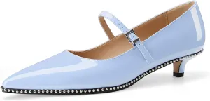 Women's Low Kitten Heels Patent Leather Beaded Pumps Pointed Toe Dressy Mary Jane Heels with Strap Metal Buckle for Ladies Sexy