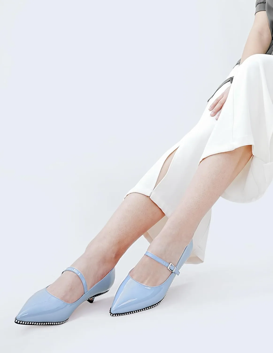 Women's Low Kitten Heels Patent Leather Beaded Pumps Pointed Toe Dressy Mary Jane Heels with Strap Metal Buckle for Ladies Sexy