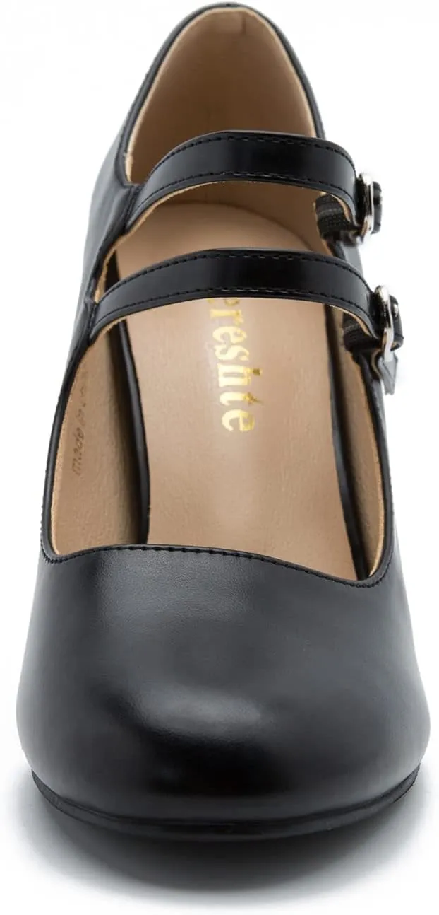 Women's Mary Jane Dress Shoes Double Strap Closed Round Toe Block High Heel Pumps