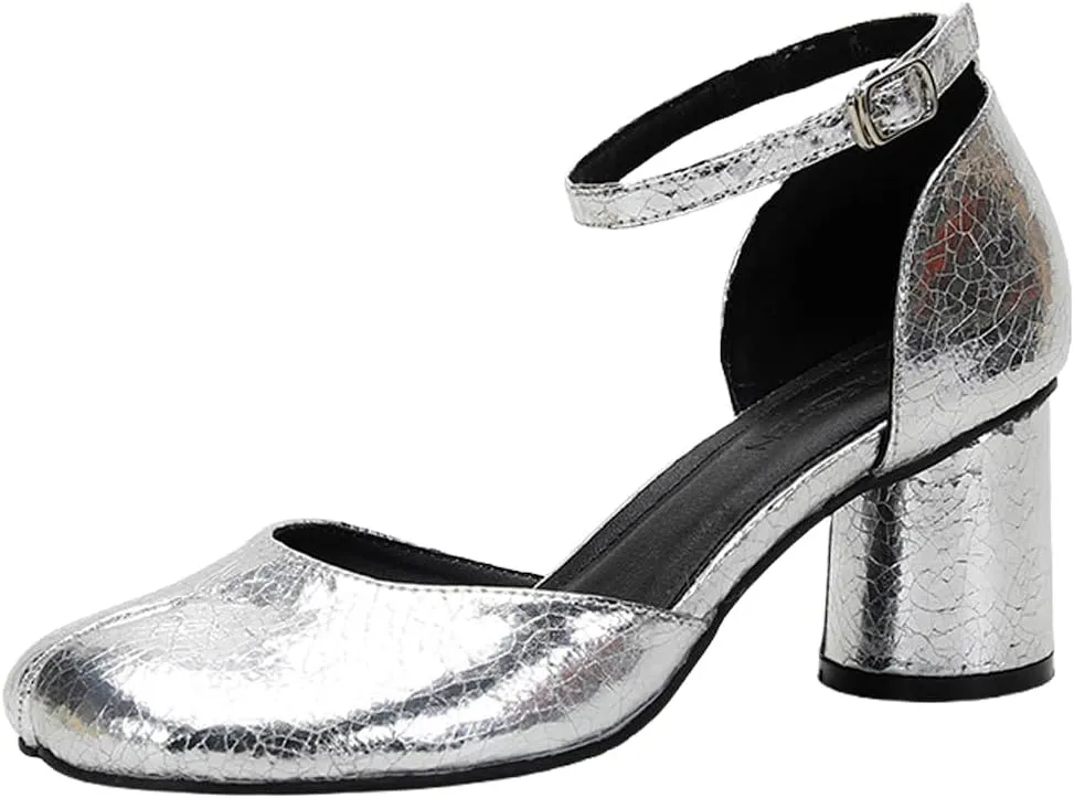Women's Mary Jane High Heels, Round-Toe Pumps with Chunky Block Heel, Ankle Strap Buckle, Split-Toe Pig Hoof Design