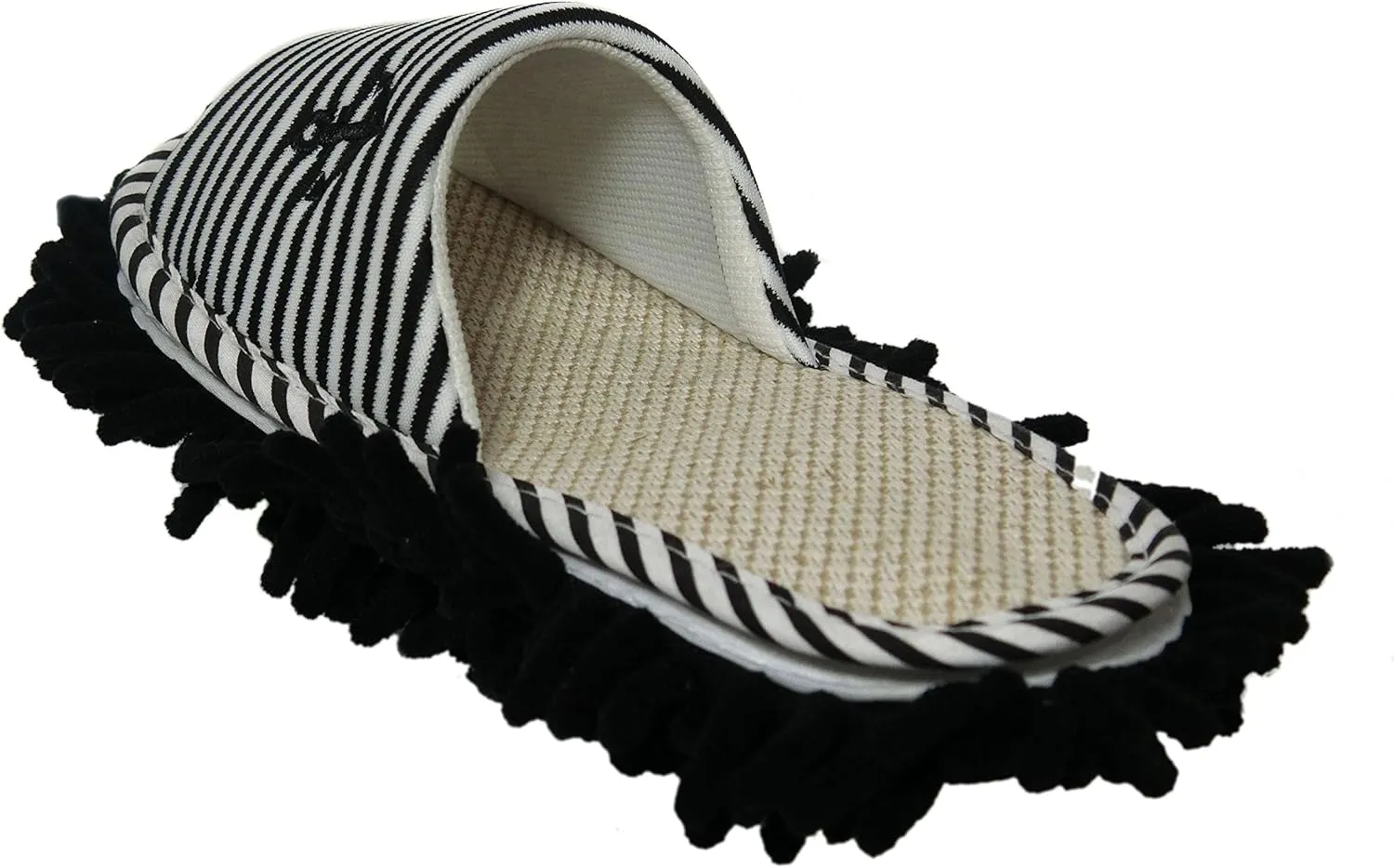 Women's Microfiber Floor Cleaning Mop Slippers with Stripes and Embroidery (Suitable for Women Size 7-9, Black)