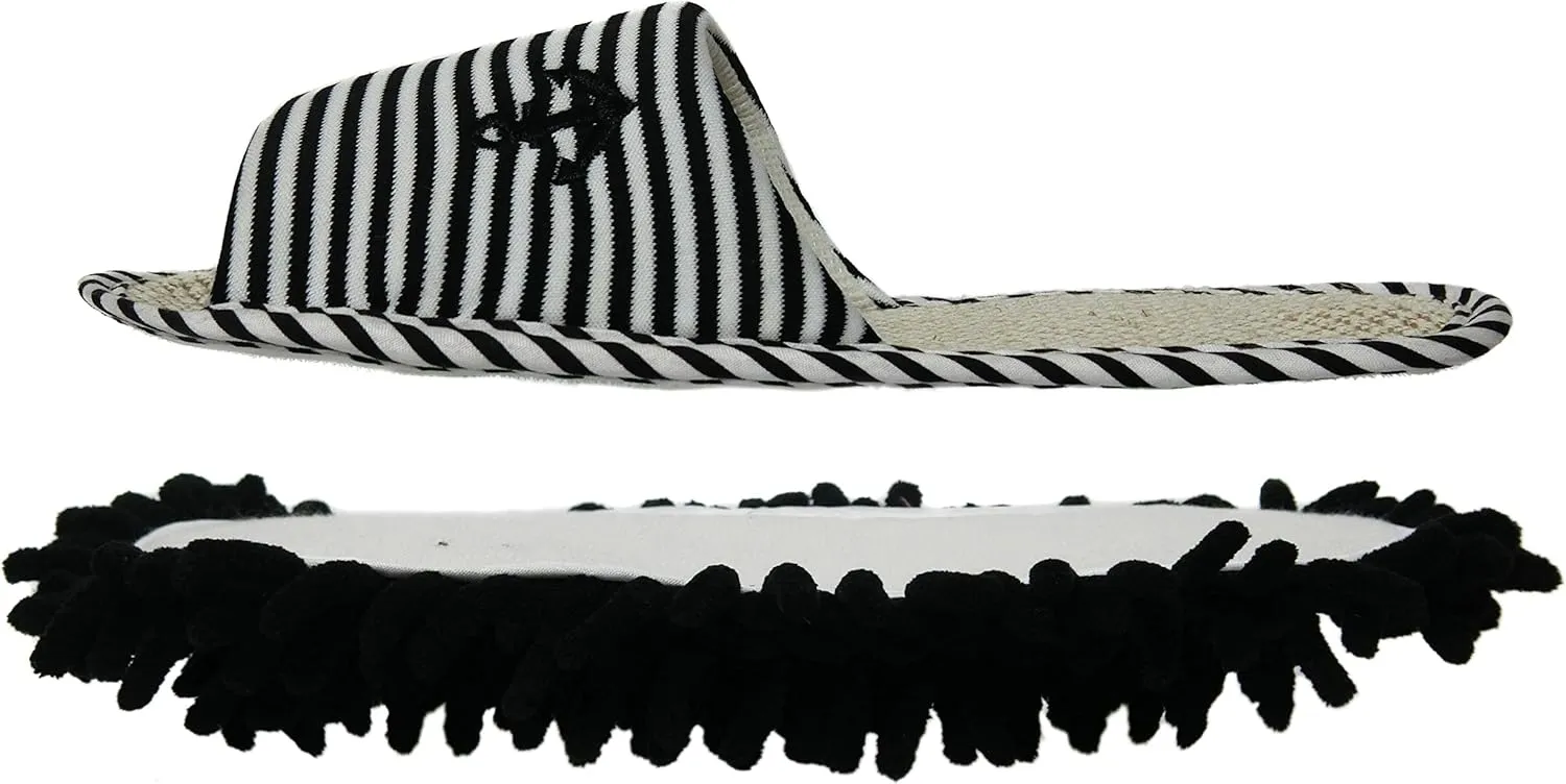 Women's Microfiber Floor Cleaning Mop Slippers with Stripes and Embroidery (Suitable for Women Size 7-9, Black)