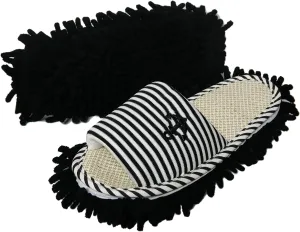 Women's Microfiber Floor Cleaning Mop Slippers with Stripes and Embroidery (Suitable for Women Size 7-9, Black)