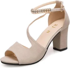 Womens Open Toe Ankle Strap Buckle Chunky High Heels Sandals Shoes Thick Sole High Fashion Heel Leather Rhinestones Buckle Mouth Ladies Fish Cushion Sandals