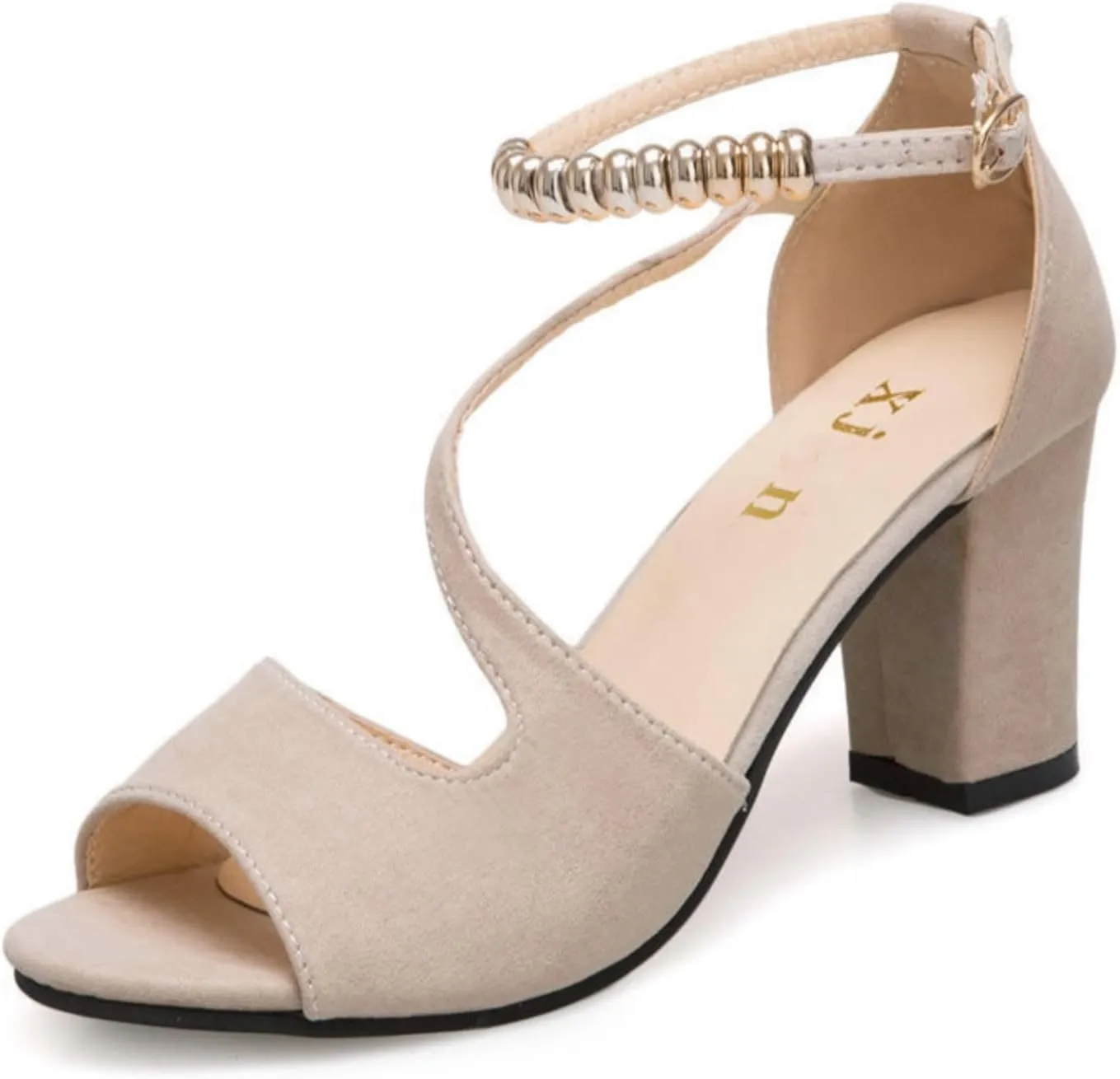 Womens Open Toe Ankle Strap Buckle Chunky High Heels Sandals Shoes Thick Sole High Fashion Heel Leather Rhinestones Buckle Mouth Ladies Fish Cushion Sandals