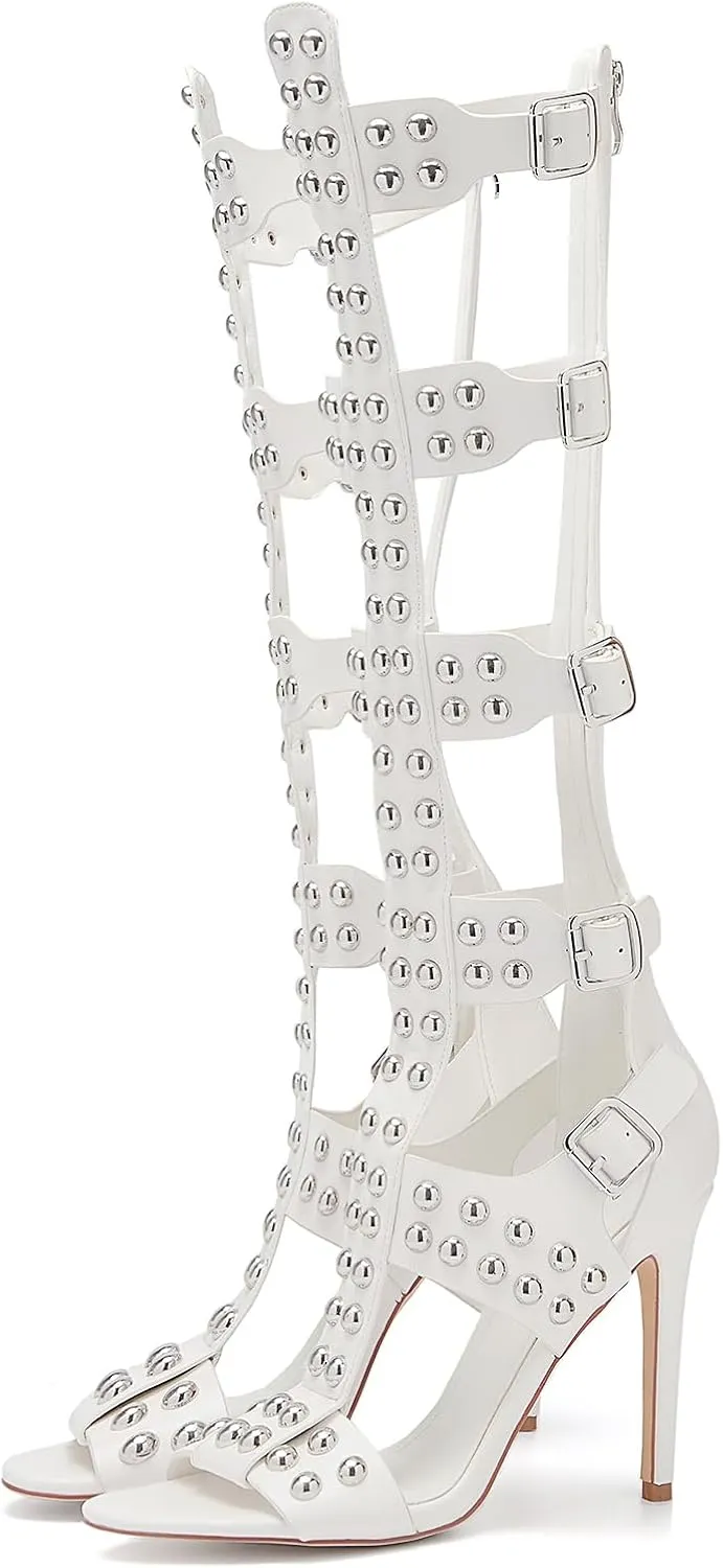 Women's Open Toe Hollow Knee High Boot 4.3IN Stiletto Heels, Metal Bead & Big Bukles Nightclub Party Wedding Shoes