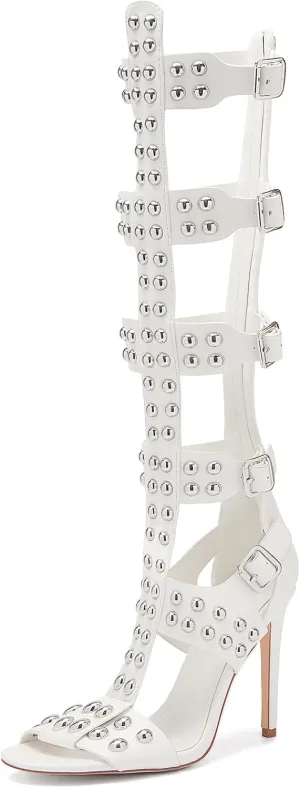 Women's Open Toe Hollow Knee High Boot 4.3IN Stiletto Heels, Metal Bead & Big Bukles Nightclub Party Wedding Shoes