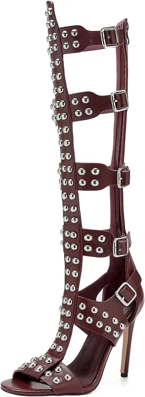 Women's Open Toe Hollow Knee High Boot 4.3IN Stiletto Heels, Metal Bead & Big Bukles Nightclub Party Wedding Shoes