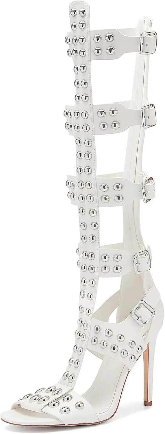 Women's Open Toe Hollow Knee High Boot 4.3IN Stiletto Heels, Metal Bead & Big Bukles Nightclub Party Wedding Shoes