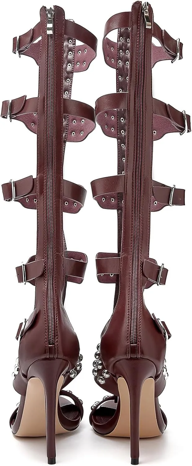 Women's Open Toe Hollow Knee High Boot 4.3IN Stiletto Heels, Metal Bead & Big Bukles Nightclub Party Wedding Shoes