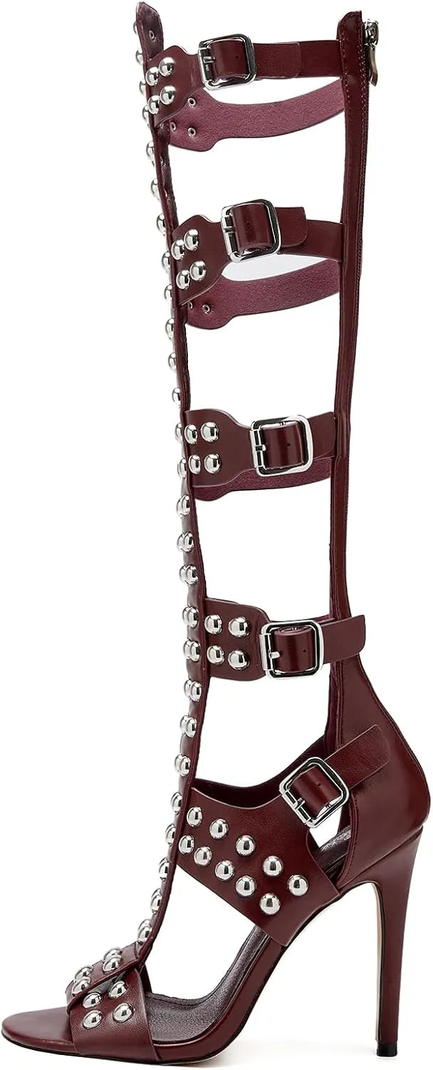 Women's Open Toe Hollow Knee High Boot 4.3IN Stiletto Heels, Metal Bead & Big Bukles Nightclub Party Wedding Shoes