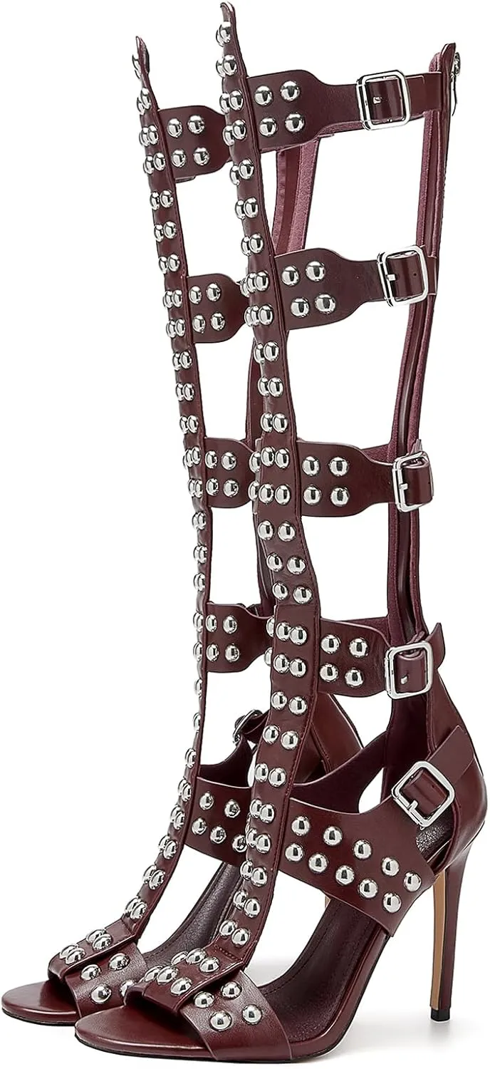 Women's Open Toe Hollow Knee High Boot 4.3IN Stiletto Heels, Metal Bead & Big Bukles Nightclub Party Wedding Shoes