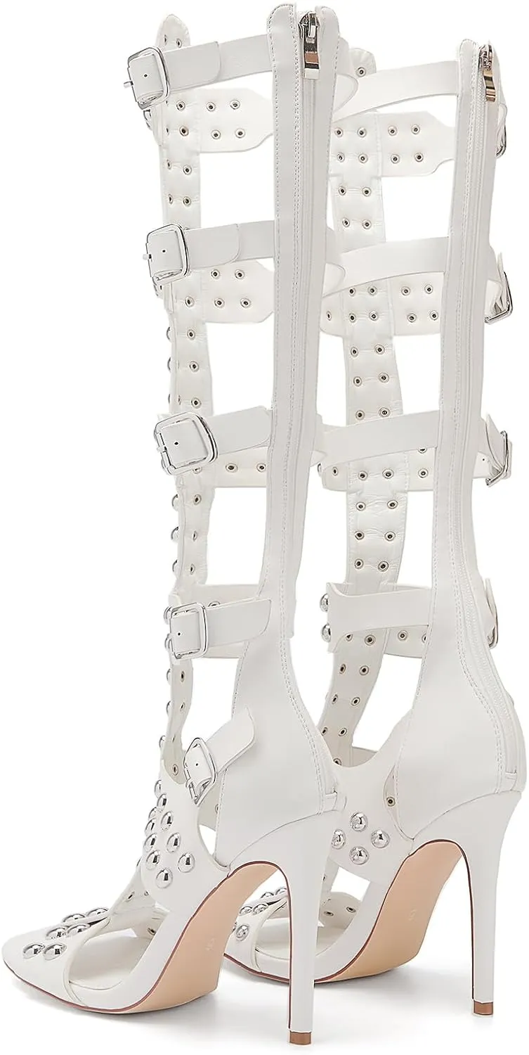 Women's Open Toe Hollow Knee High Boot 4.3IN Stiletto Heels, Metal Bead & Big Bukles Nightclub Party Wedding Shoes