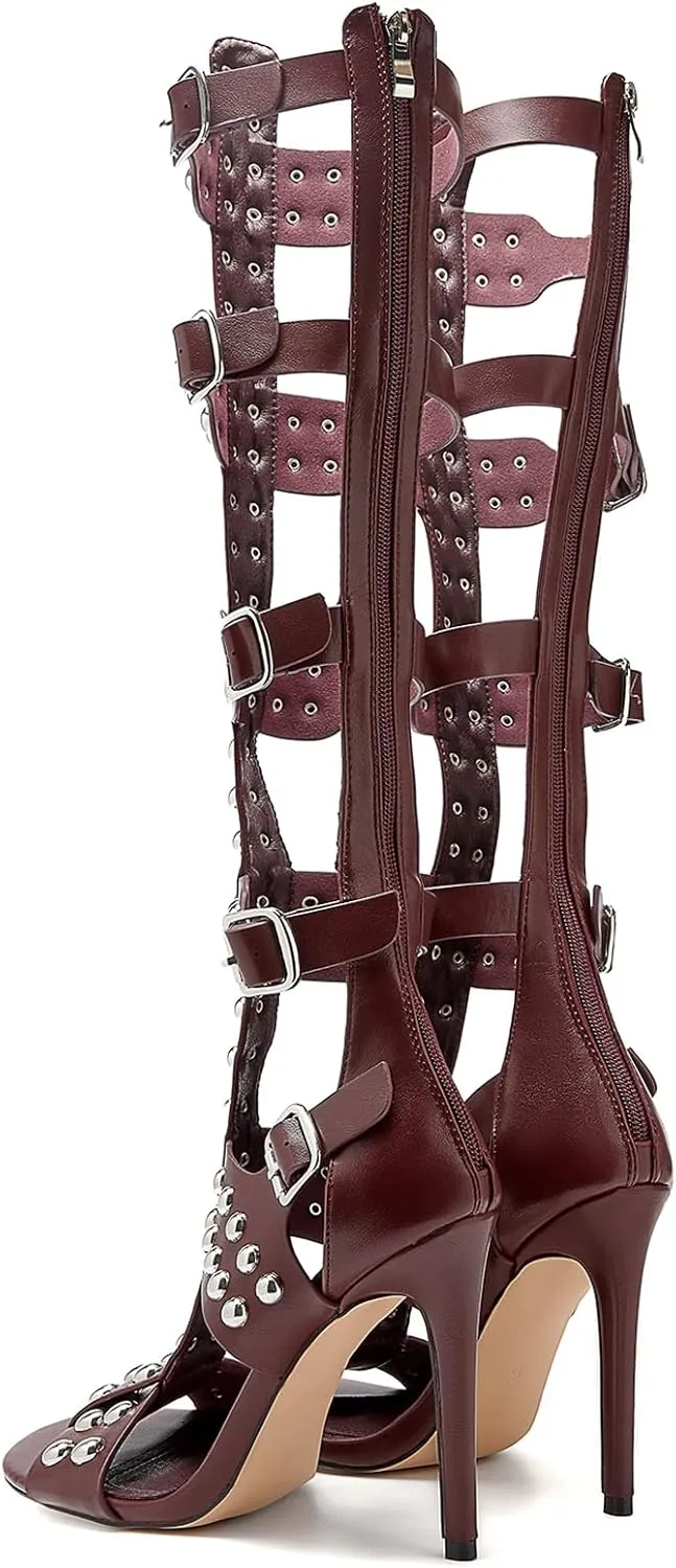 Women's Open Toe Hollow Knee High Boot 4.3IN Stiletto Heels, Metal Bead & Big Bukles Nightclub Party Wedding Shoes