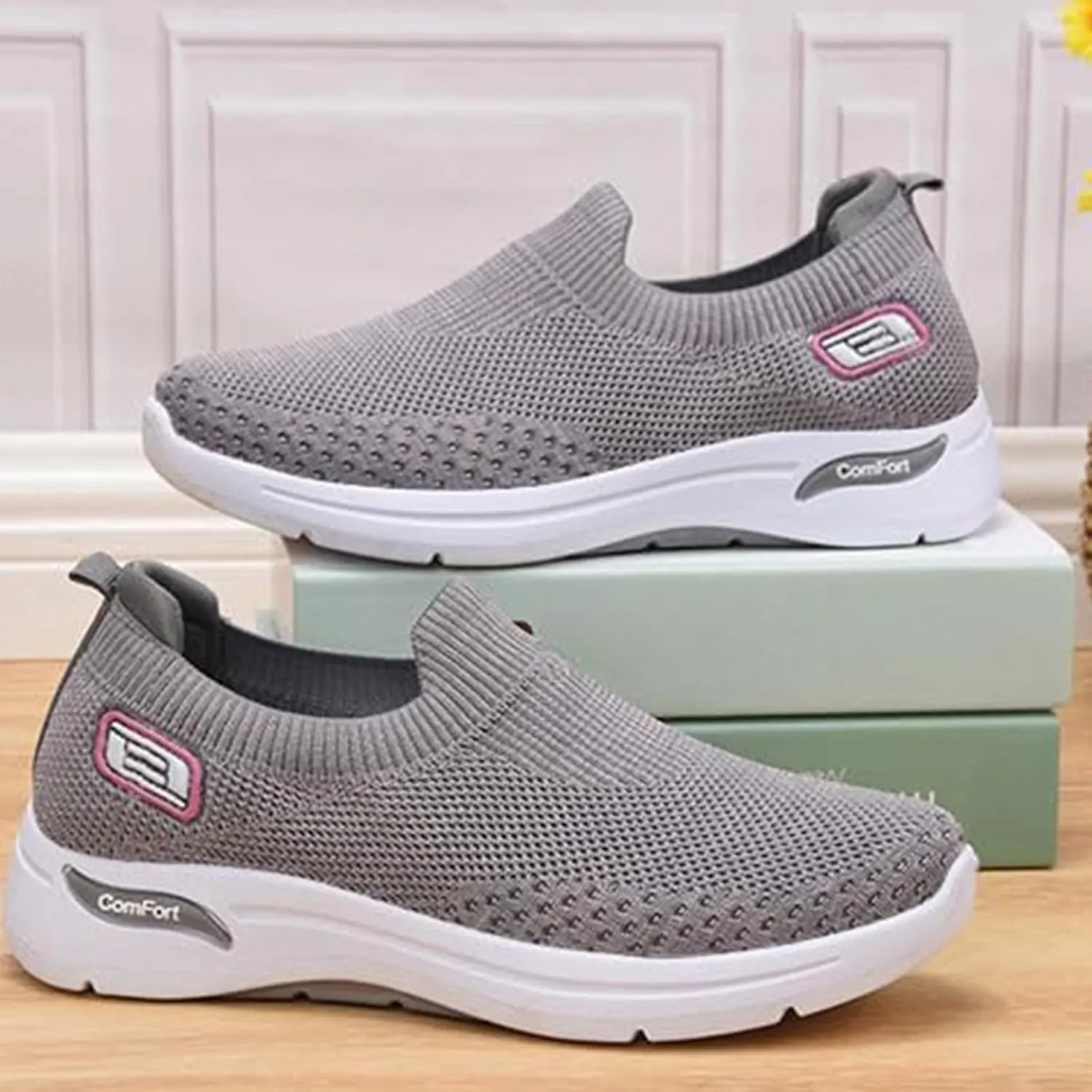 Womens Orthopedic Sneakers Slip On Arch Support Walking Shoes Comfortable Soft Sole Non Slip Low Top Tennis Shoes Mesh Breathable Lightweight Casual Sneakers