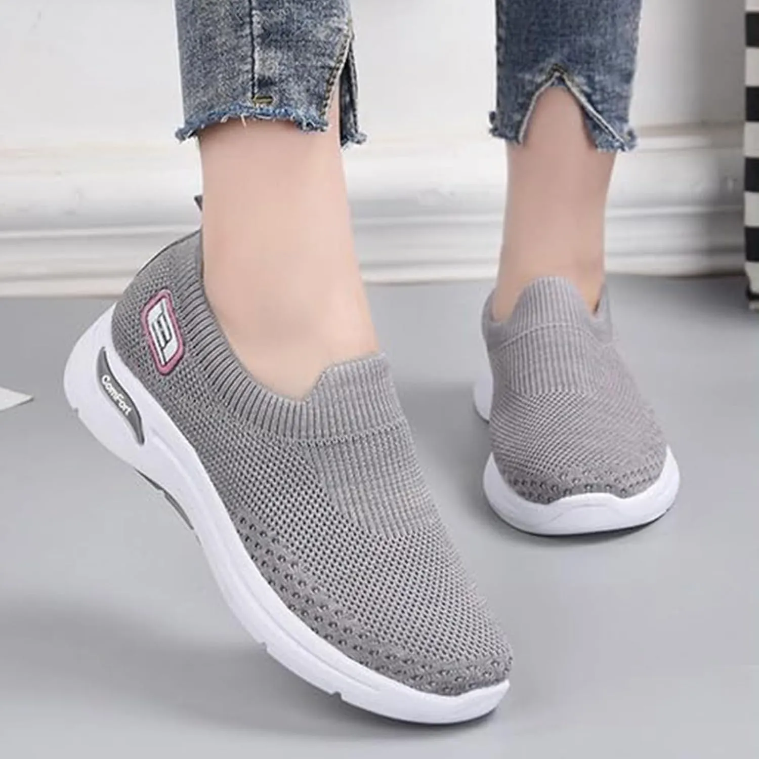 Womens Orthopedic Sneakers Slip On Arch Support Walking Shoes Comfortable Soft Sole Non Slip Low Top Tennis Shoes Mesh Breathable Lightweight Casual Sneakers